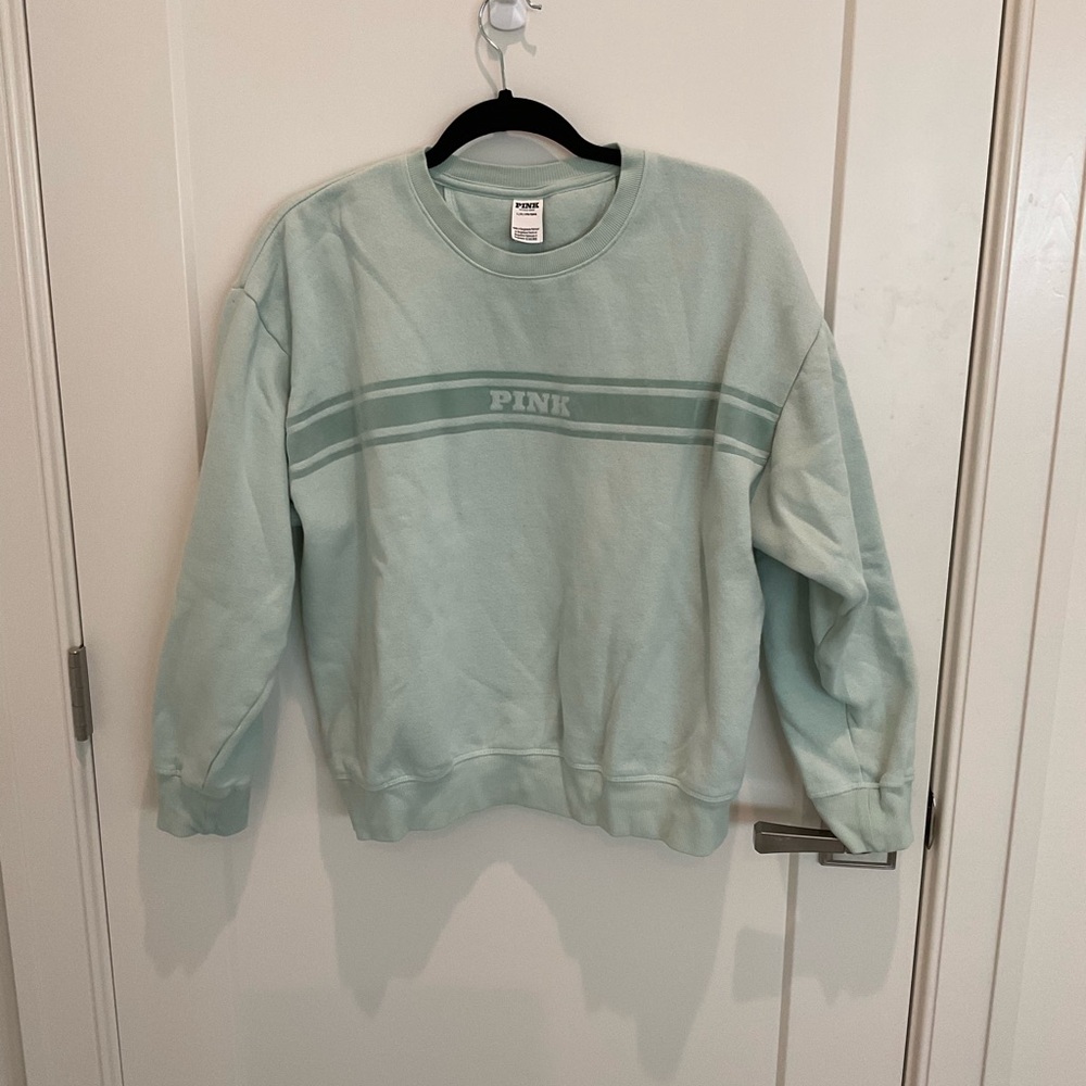 PINK Victoria's Secret Sage Green Crewneck Sweatshirt with Stripe Logo - Picture 2 of 8